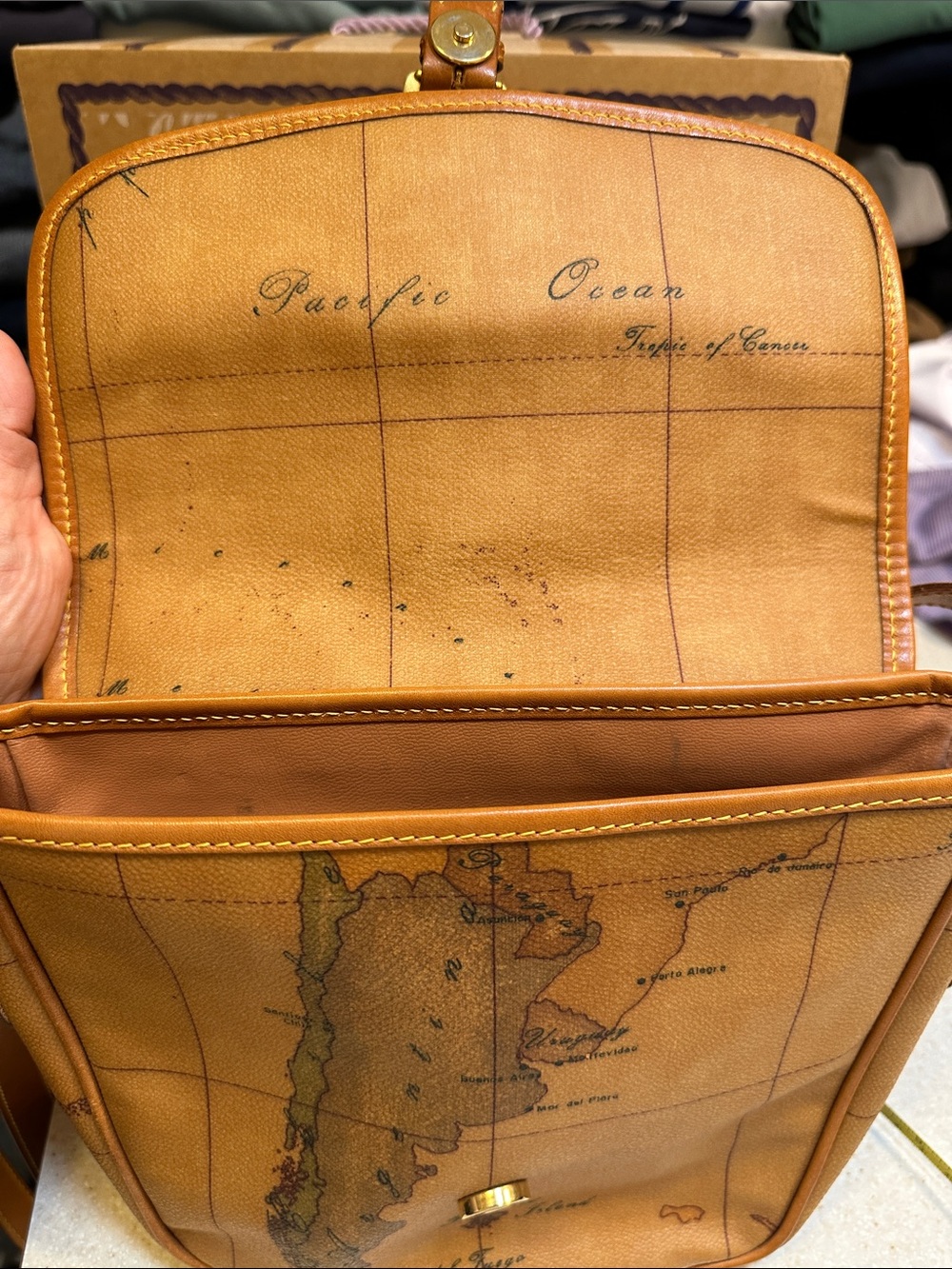 Alviero Martini Leather Map-Print Crossbody Bag in Cognac - Picture 6 of 7